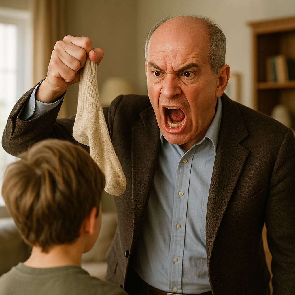 Illustration d’un homme expressif en colère, brandissant une chaussette à la main, dans une scène humoristique rappelant le stress parental.