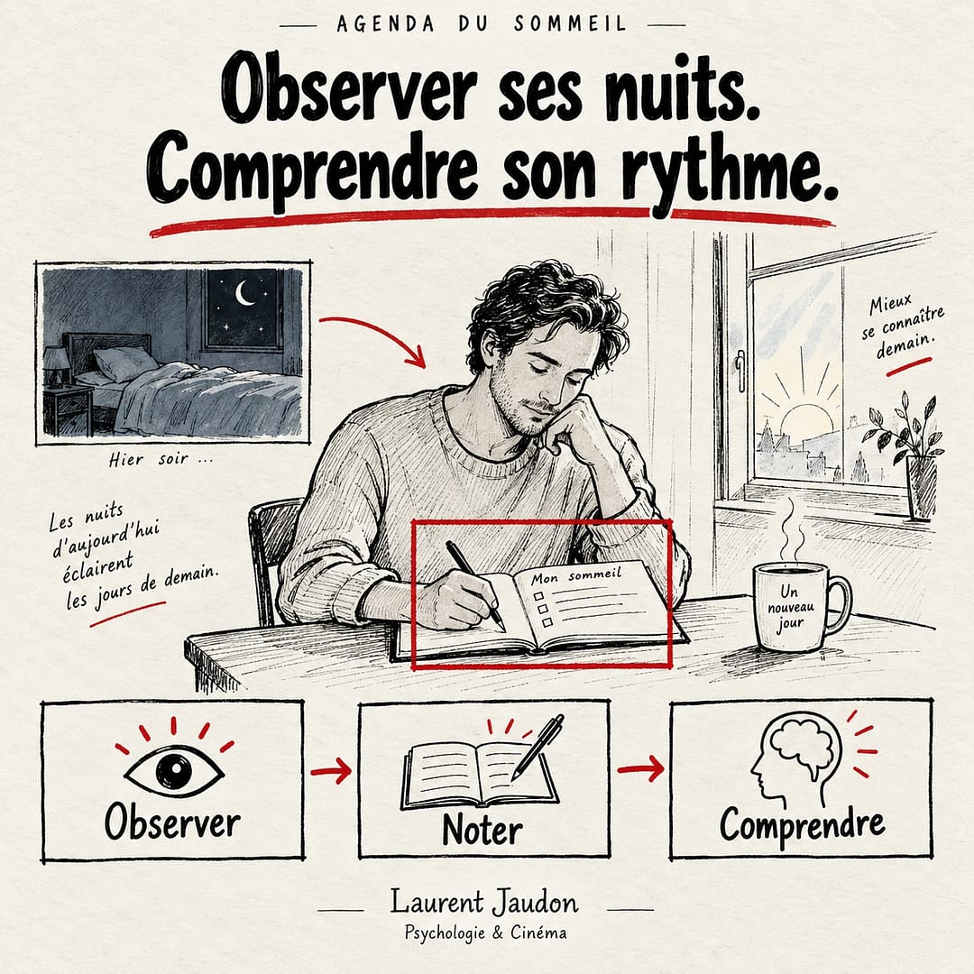 Affiche dessinée : un adulte remplit son agenda du sommeil au réveil. Trois étapes : observer, noter, comprendre.