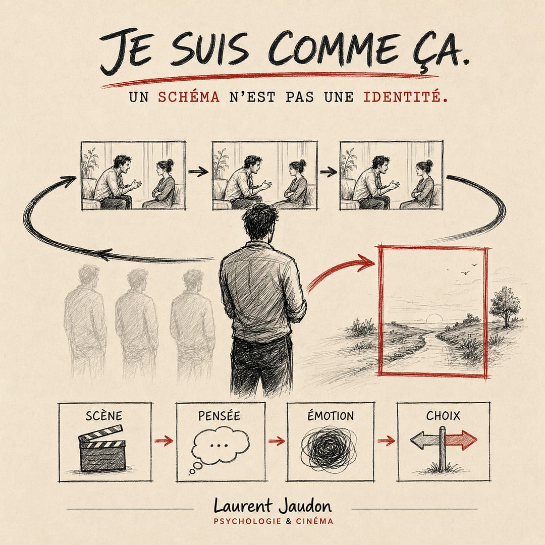 Personnage observant une scène répétitive illustrant les schémas précoces inadaptés.