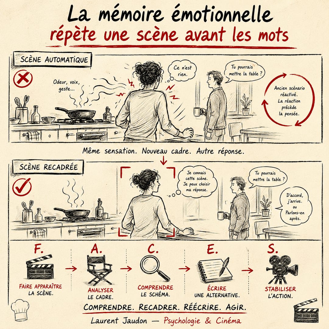 Affiche pédagogique sur la mémoire émotionnelle, la méthode F.A.C.E.S. et la consultation avec un psychologue à Paris.