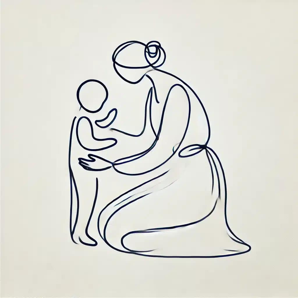 DALL·E 2024-12-13 10.45.42 – A minimalistic illustration on a white background, created in a continuous line style without lifting the pen. The artwork depicts a nurturing mother Figures d’attachement et thérapie des schémas